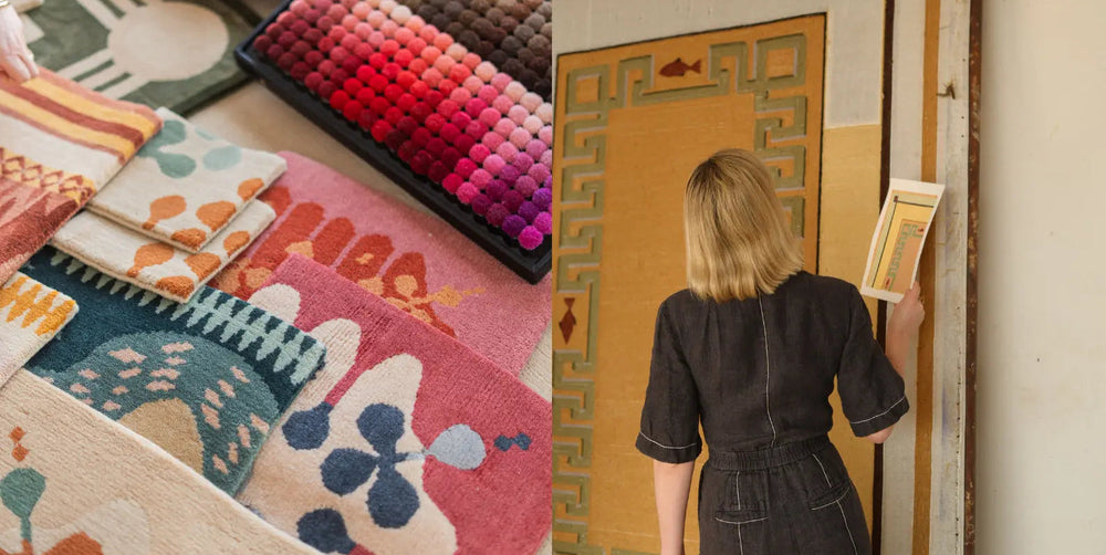 Color swatches and a person looking at a rug design.